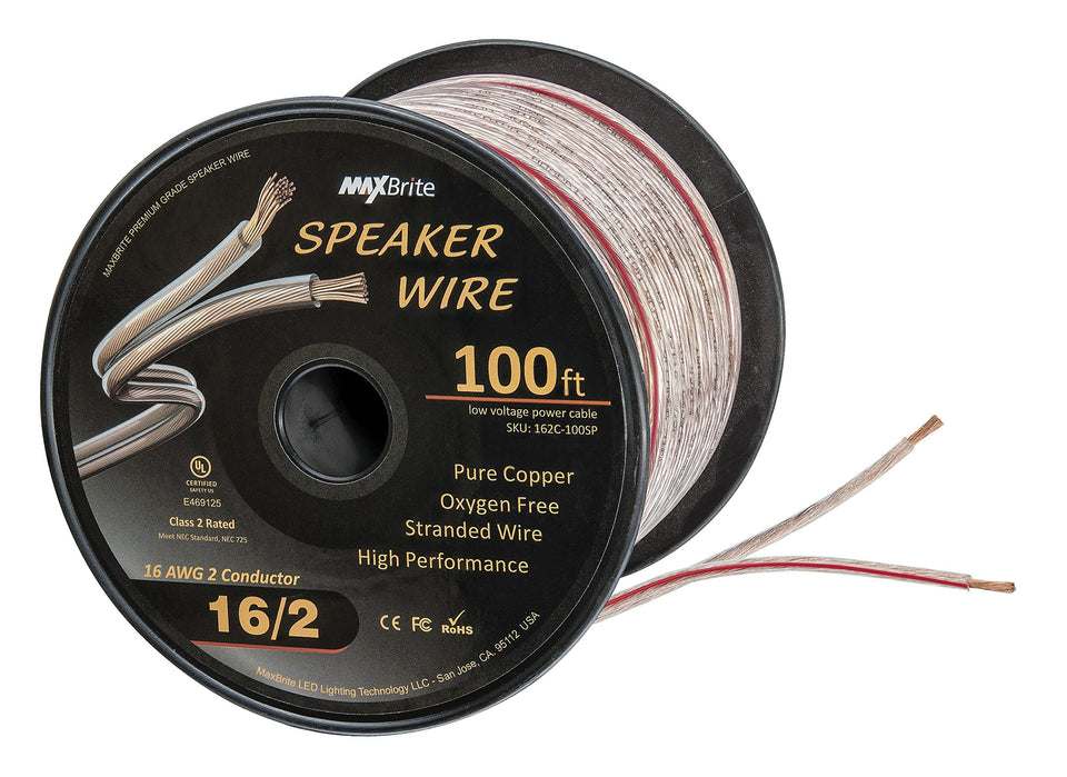 MaxBrite front view of 100 ft spool showing clear jacket and red stripe for easy polarity