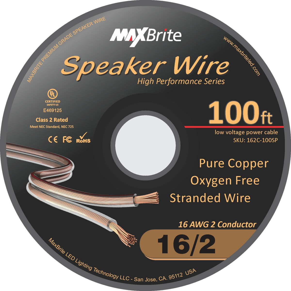MaxBrite spool beside tape measure showing 100 ft length and sequential footage markings for quick measuring
