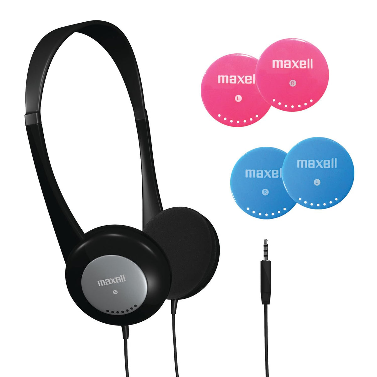 Maxell front view of headphones showing foldable design and child-friendly fit
