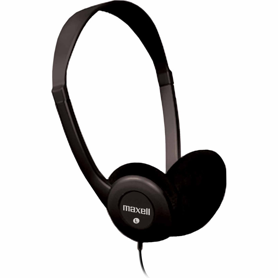Maxell white headphones front view showing compact design and comfortable fit