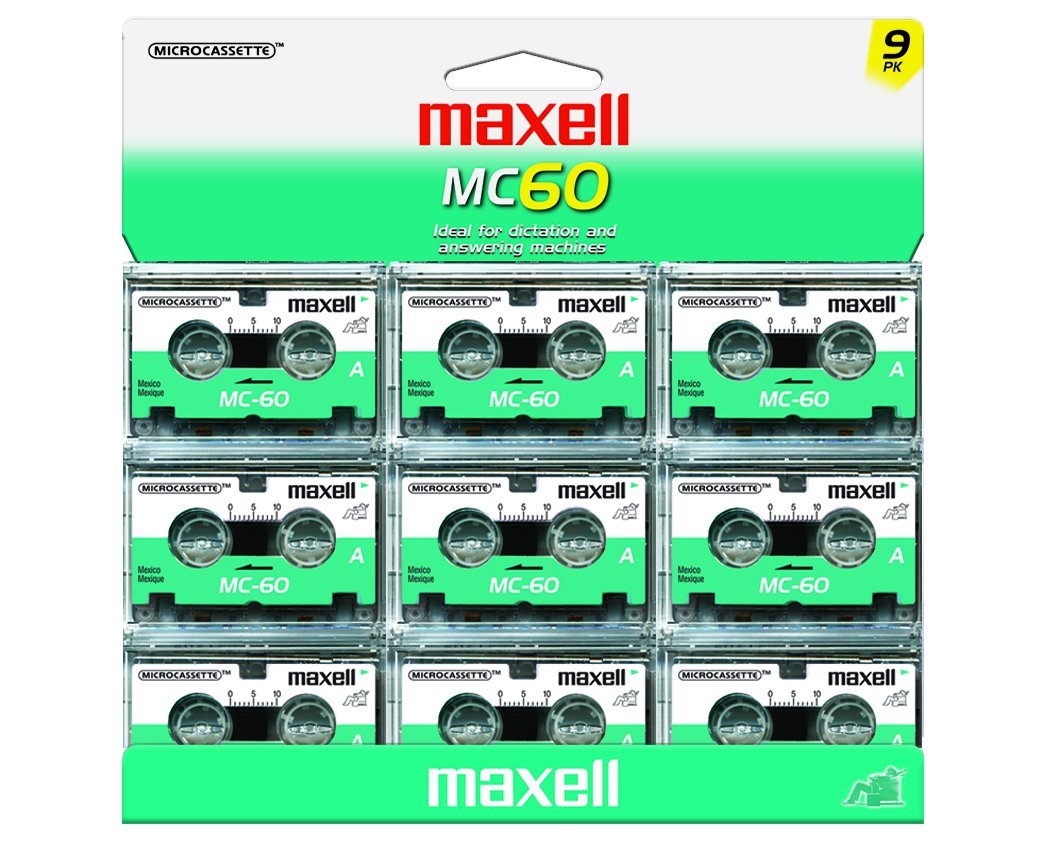 Maxell MC-60 UR front packaging showing nine 60-minute microcassette tapes and clear labeling for dependable recording