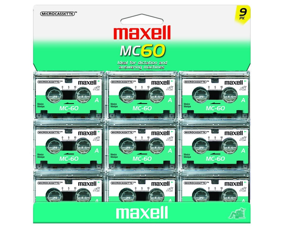 Maxell MC-60 UR front packaging showing nine 60-minute microcassette tapes and clear labeling for dependable recording