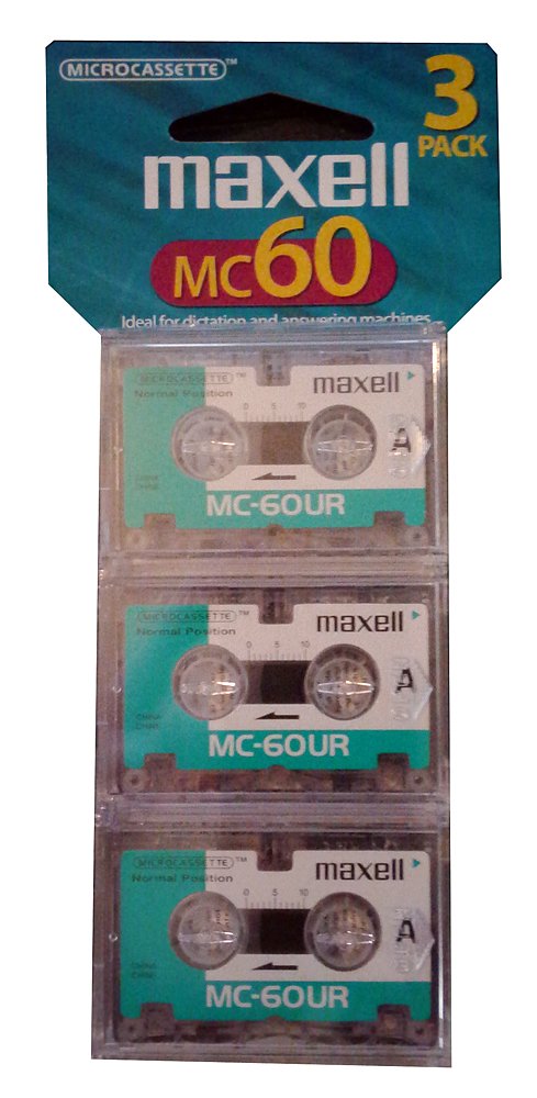 Maxell MC60 front packaging showing three microcassettes and clear labeling for reliable recording