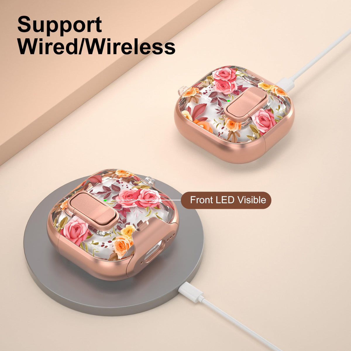 Maxjoy AirPods 4 case clear rose motif, back view shows full coverage and port access.