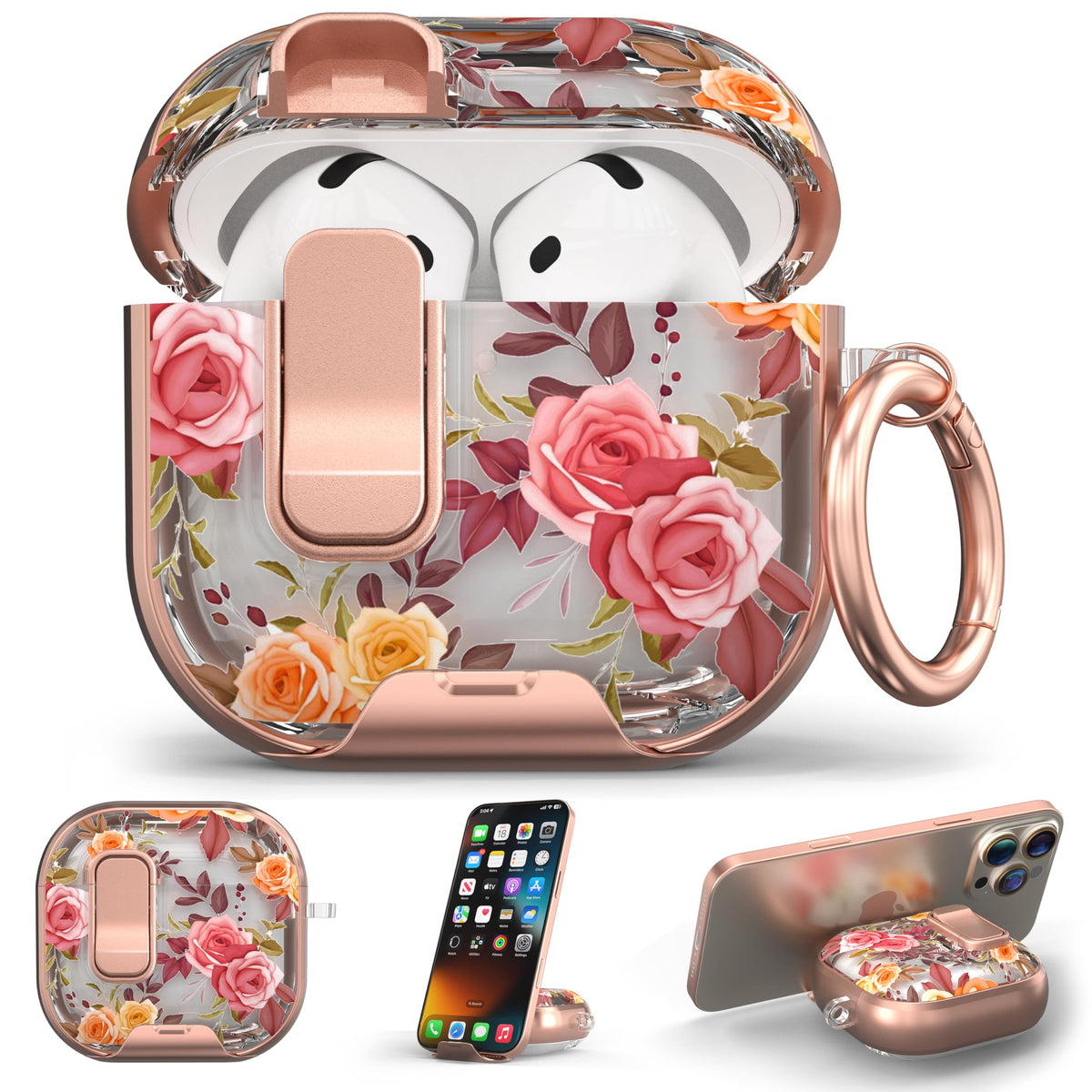 Maxjoy AirPods 4 case with clear rose motif protects against scratches (front view).