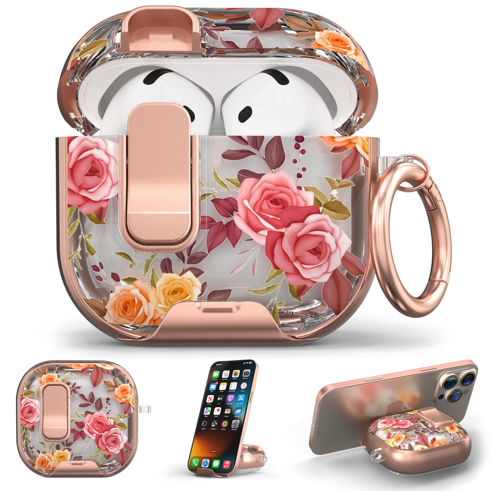 Maxjoy AirPods 4 case with clear rose motif protects against scratches (front view).