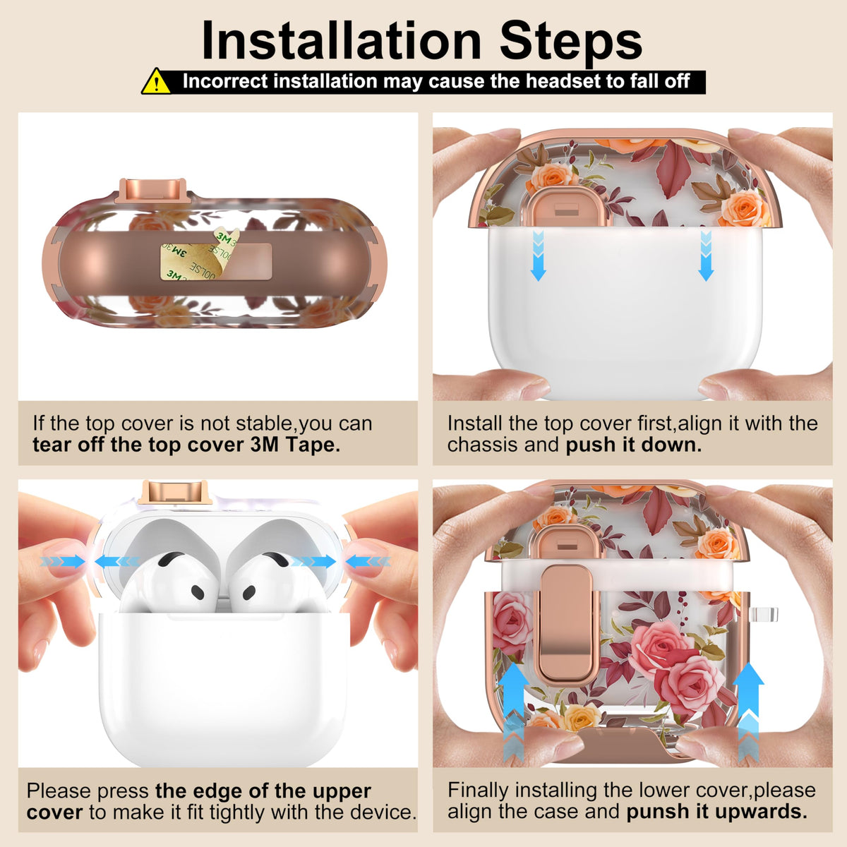 Maxjoy AirPods 4 case clear rose motif with keychain for portable use.