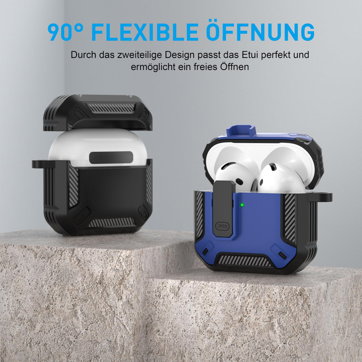 Maxjoy AirPods 4 case keychain black carabiner enables portable attachment.