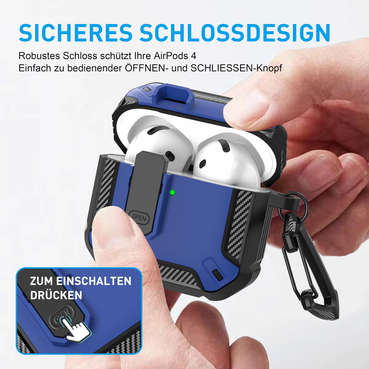 Maxjoy AirPods 4 case with lock in blue, back view highlighting secure closure.
