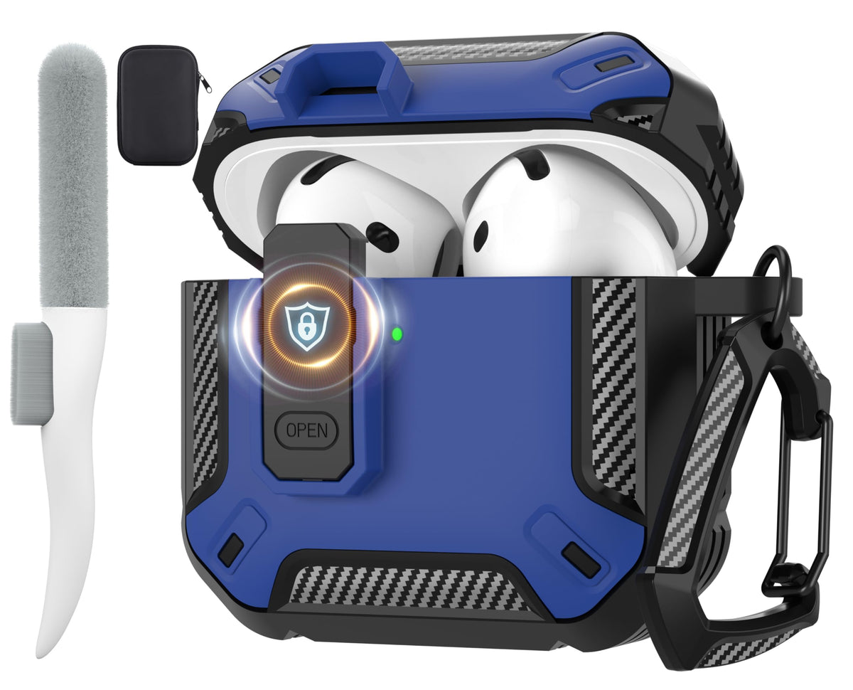 Maxjoy AirPods 4 case with lock in blue, front view showing protection and accessibility.