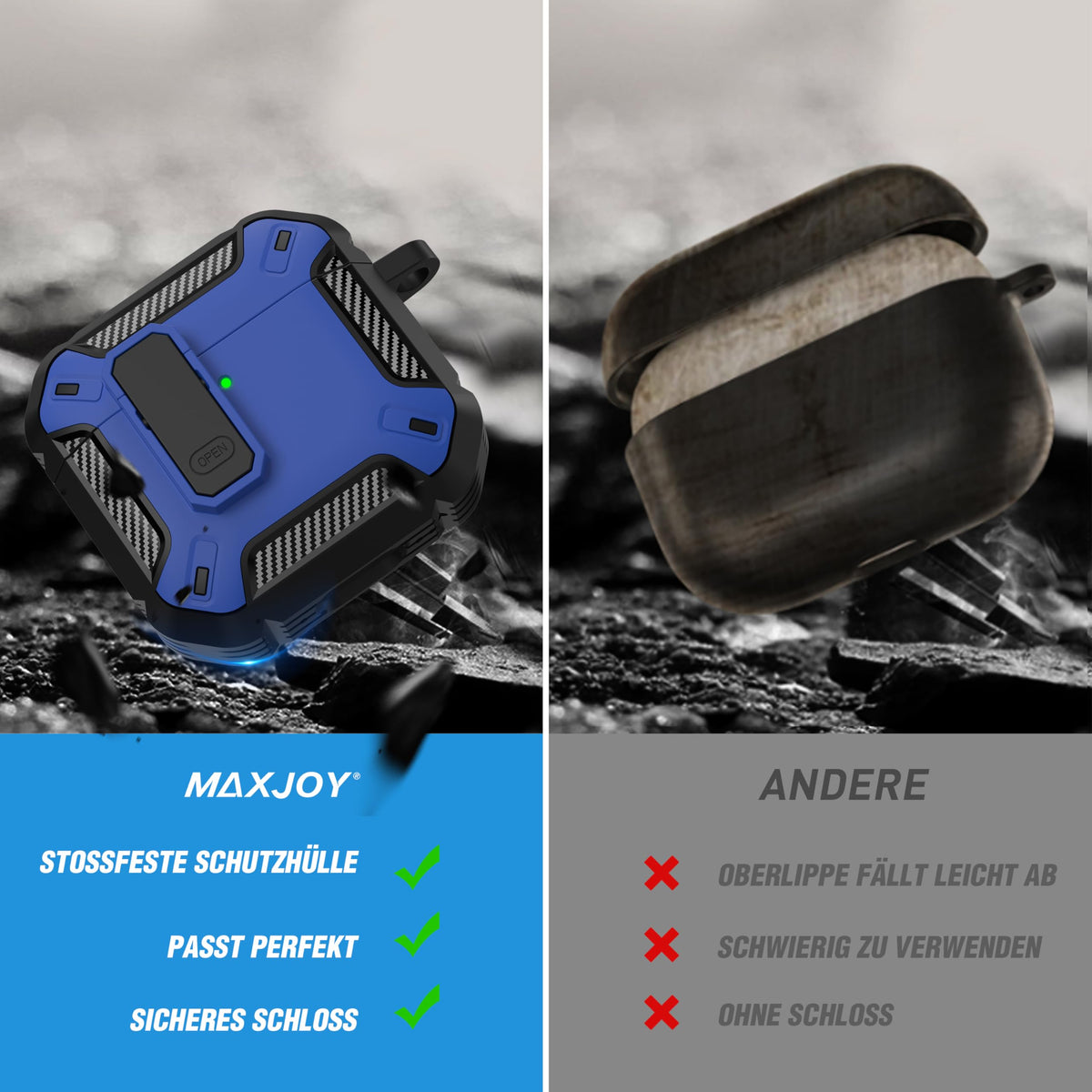 Maxjoy AirPods 4 case with lock in blue, side view emphasizing slim profile and grip.