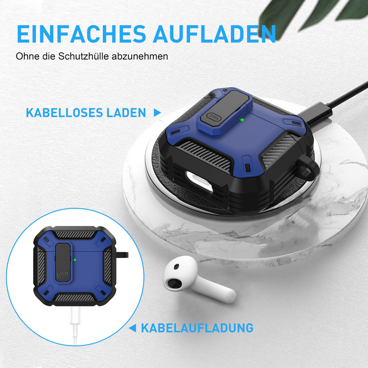 Maxjoy AirPods 4 case with lock in blue, top-open view for easy lid access.