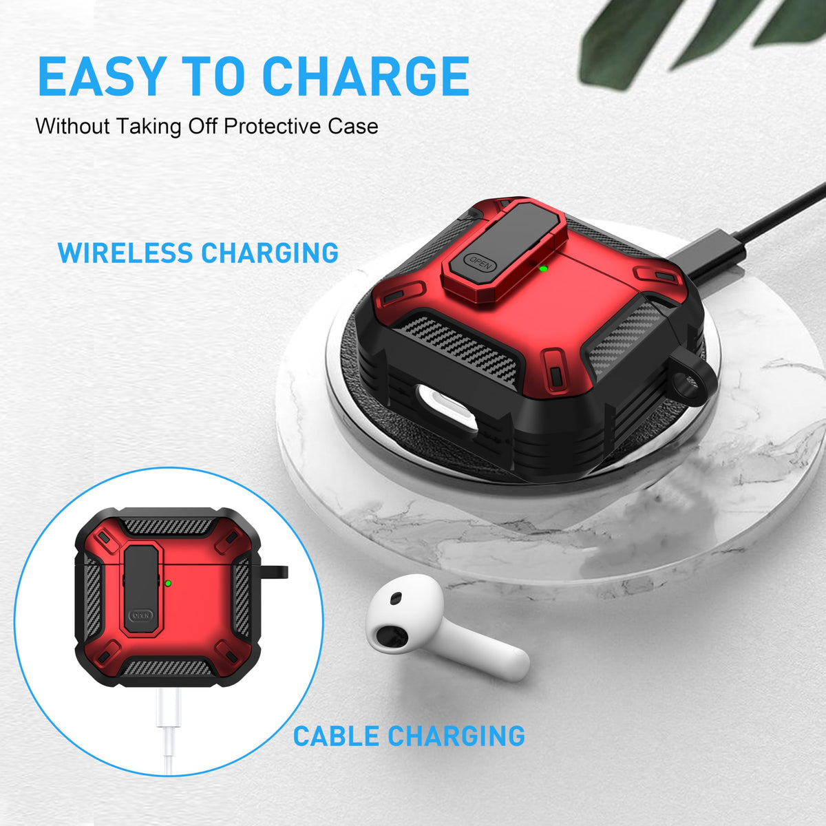 Maxjoy AirPods 4 case with lock, red camo, back view displaying full coverage