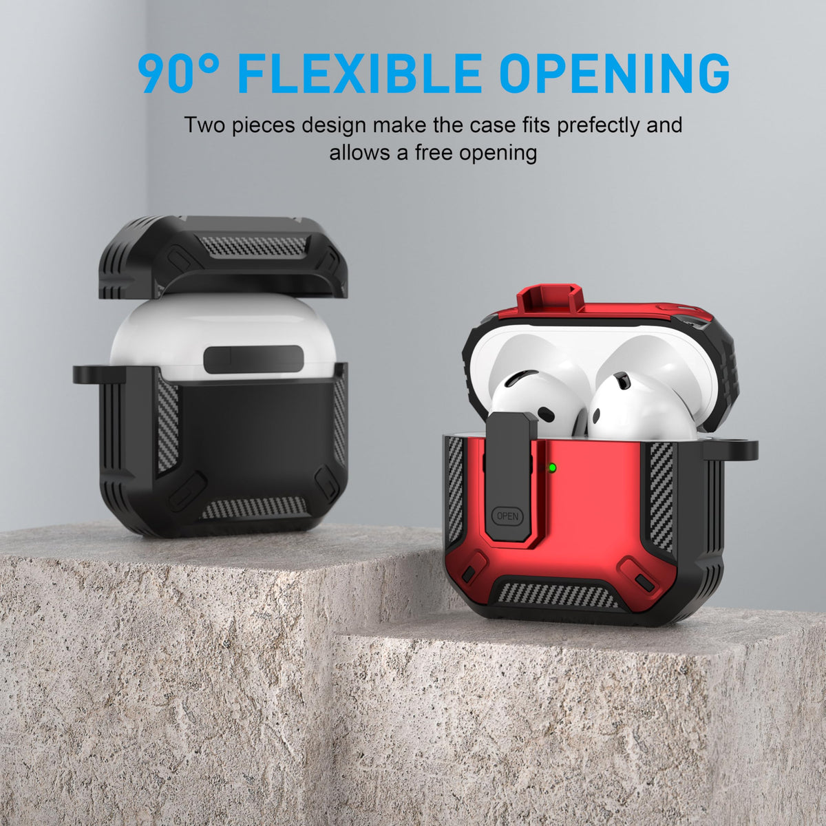 Maxjoy AirPods 4 case with lock, red camo, close-up of carabiner and texture