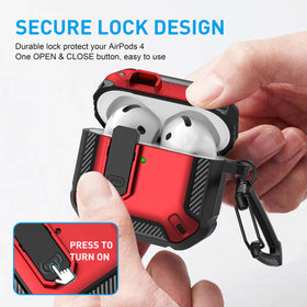 Maxjoy AirPods 4 case with lock, red camo, side view highlights secure latch