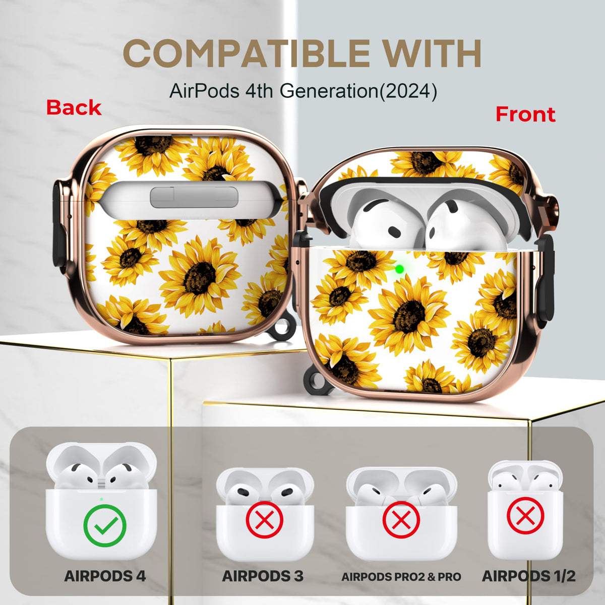 Maxjoy AirPods 4 Case with Lock sunflower back view shows rugged protection