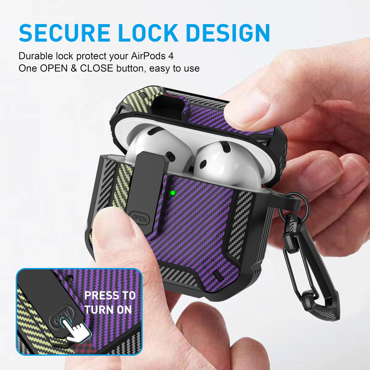 Maxjoy AirPods 4 case with lock side profile shows secure access and quick lid action