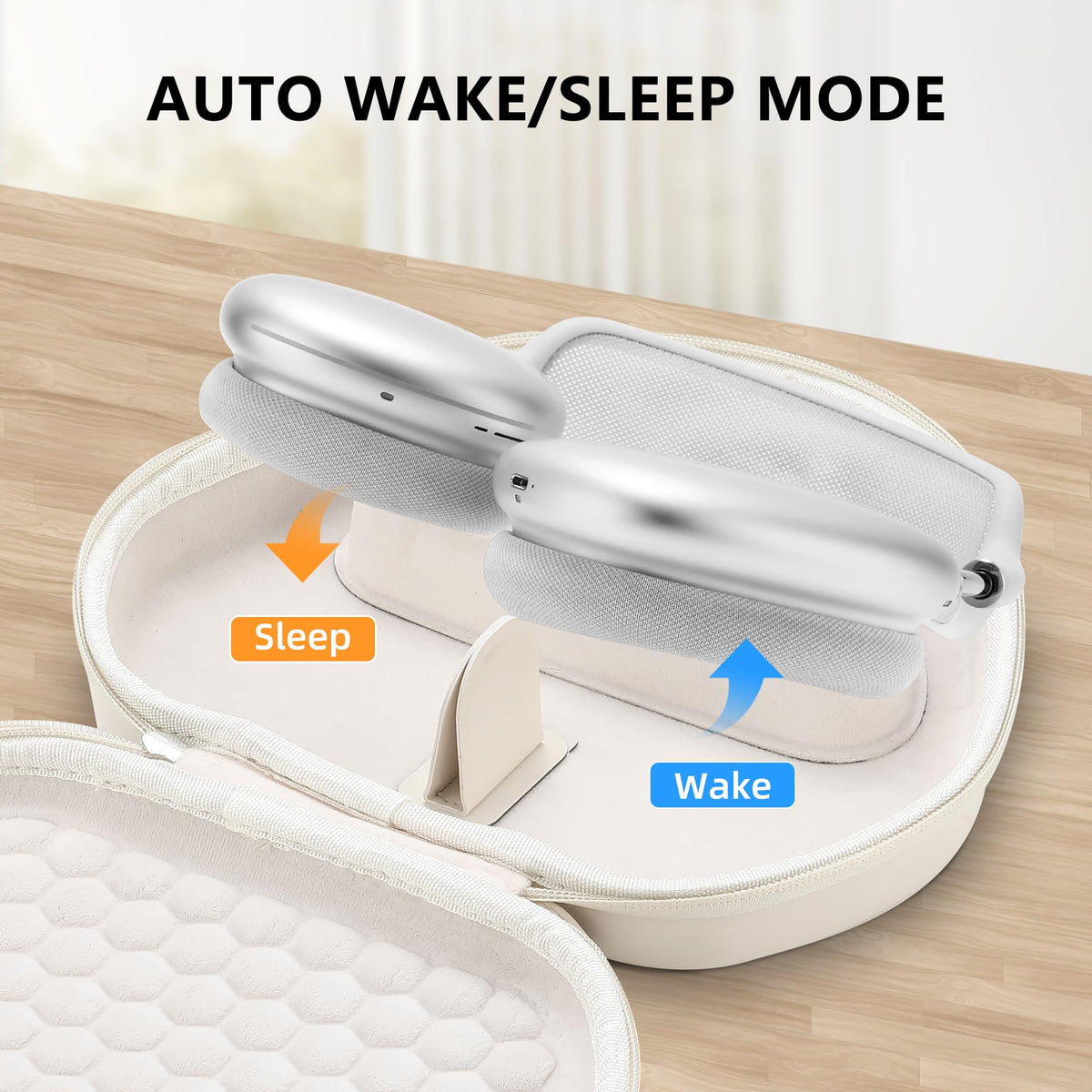 Maxjoy AirPods Max case shows auto sleep mode feature preserving battery when stored.