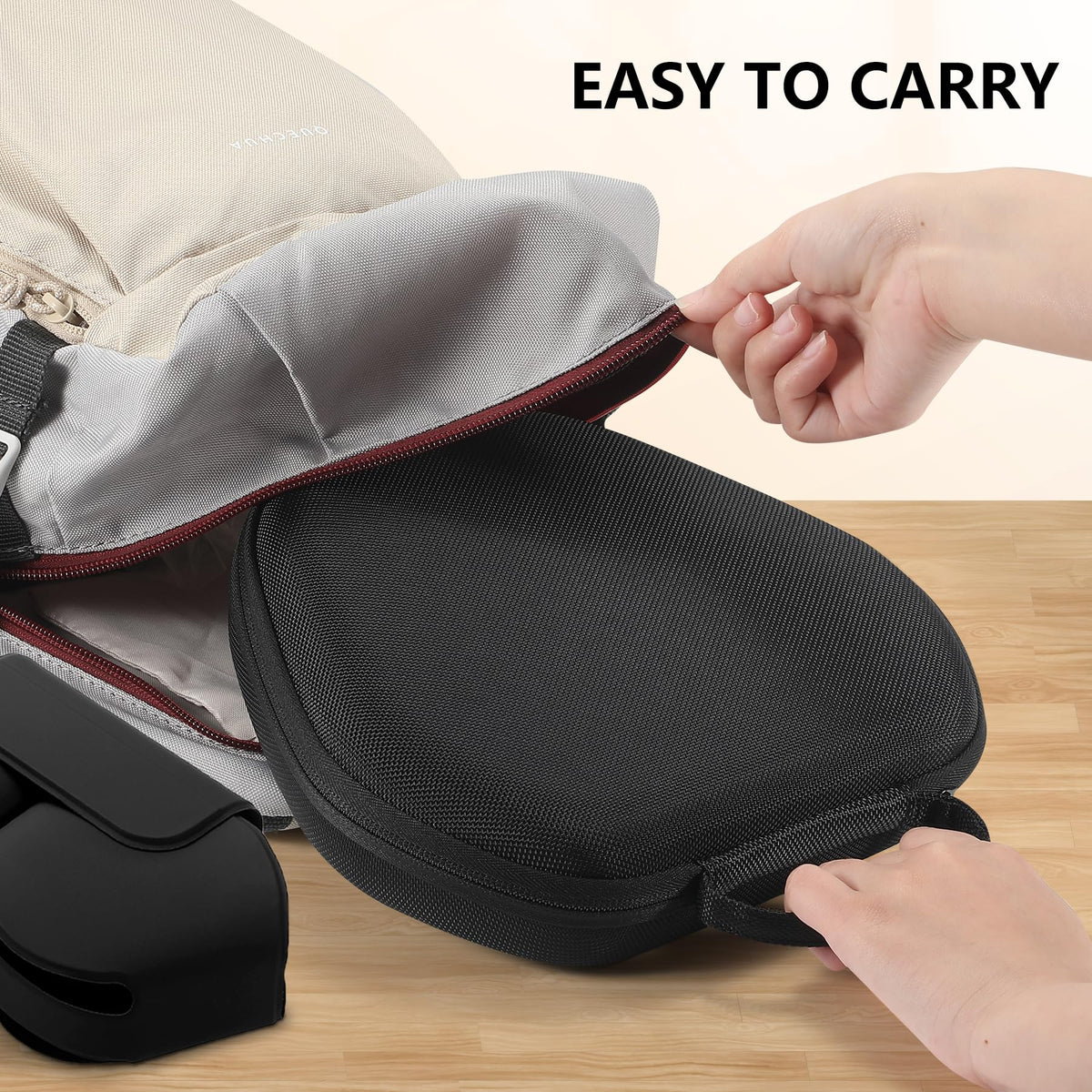 Maxjoy case inside backpack showing compact travel-ready protection benefit