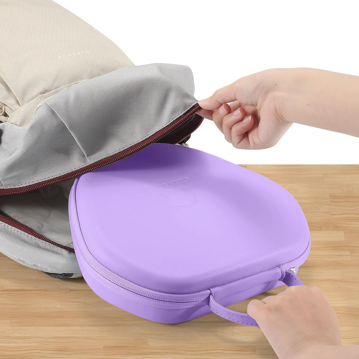 Maxjoy AirPods Max case in purple EVA, close-up of durable material and texture.