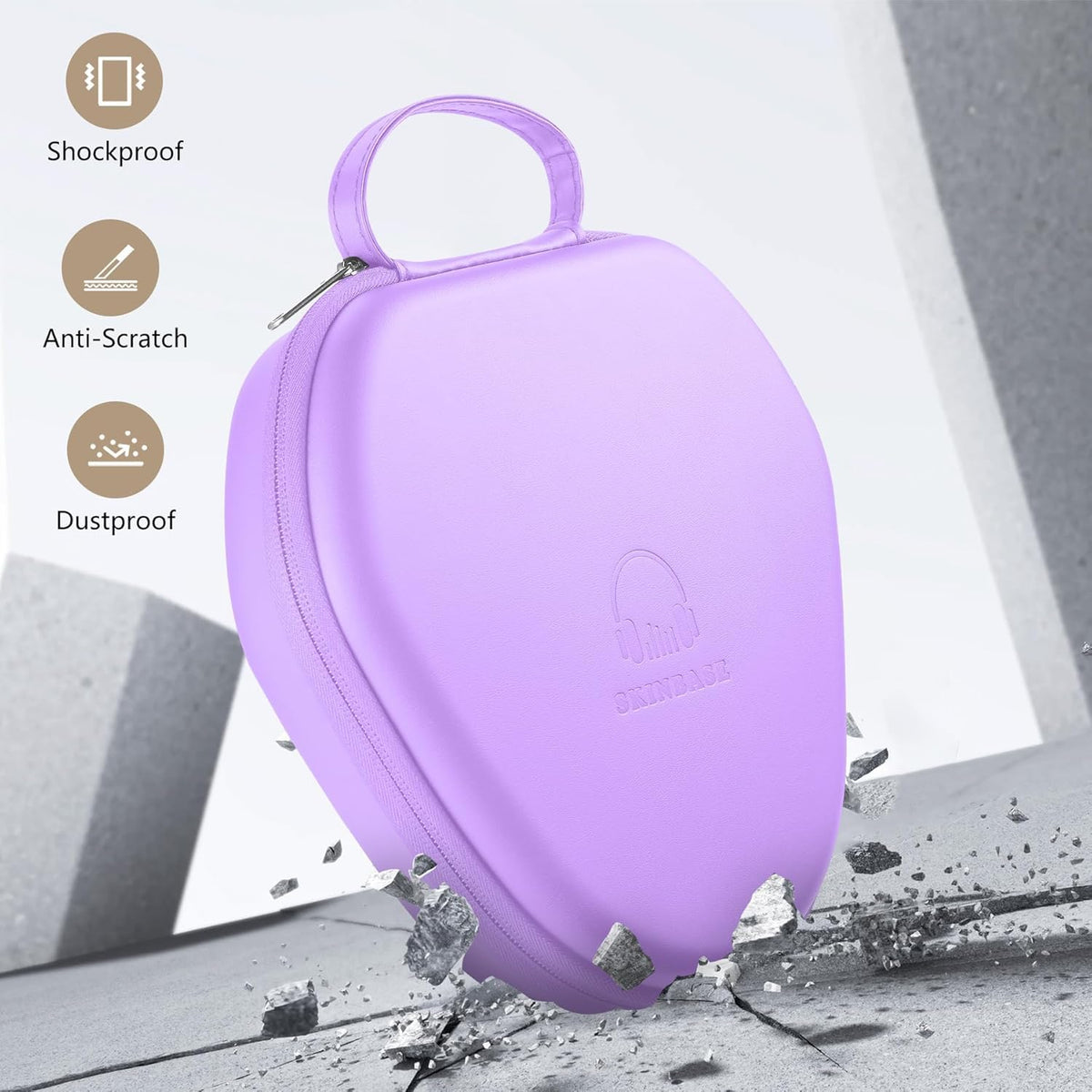 Maxjoy AirPods Max case in purple EVA, open case, easy access and organized storage.