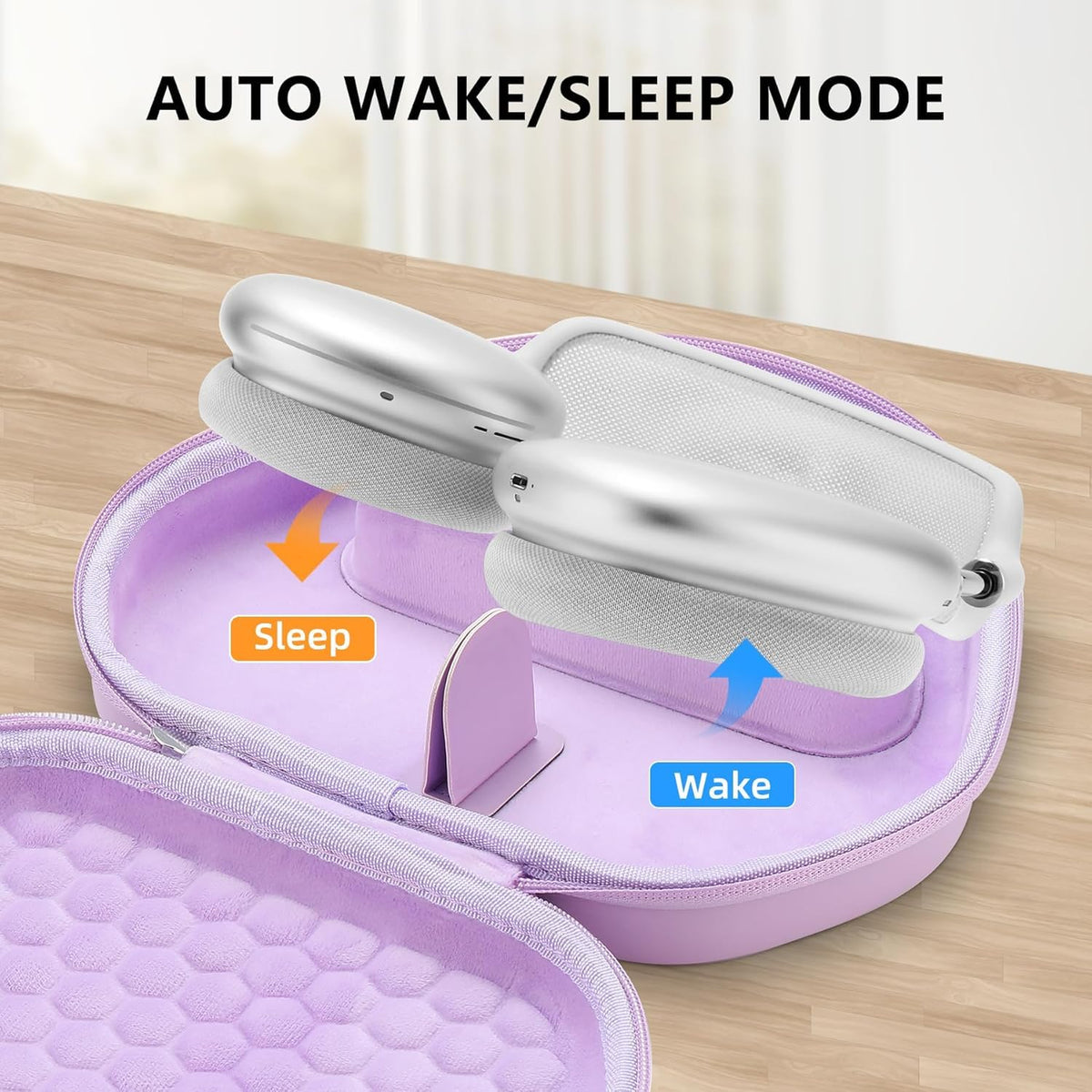 Maxjoy AirPods Max case in purple EVA, side view, slim protective profile.