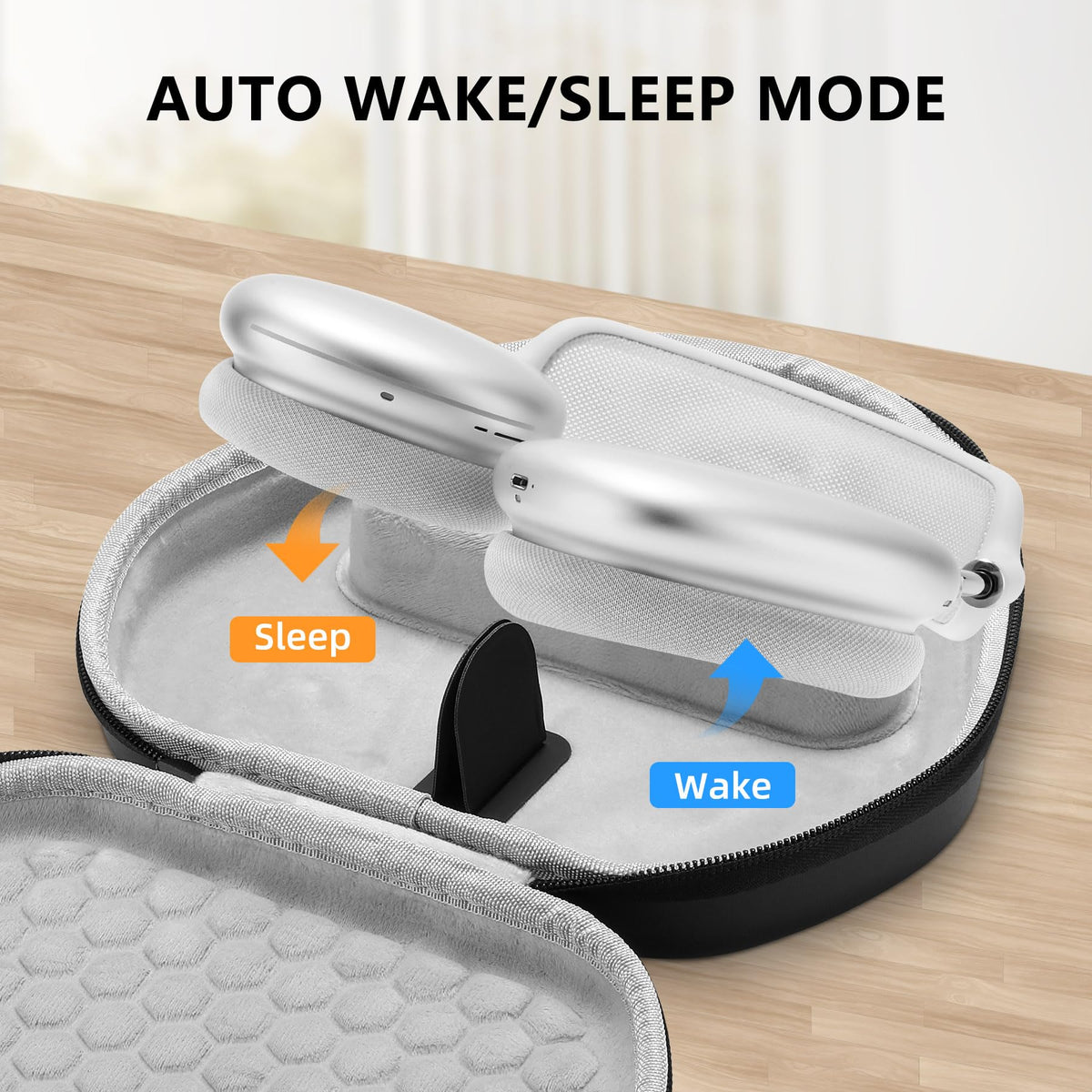 Maxjoy AirPods Max Case demonstrates ultra-low power sleep mode preserving battery life.