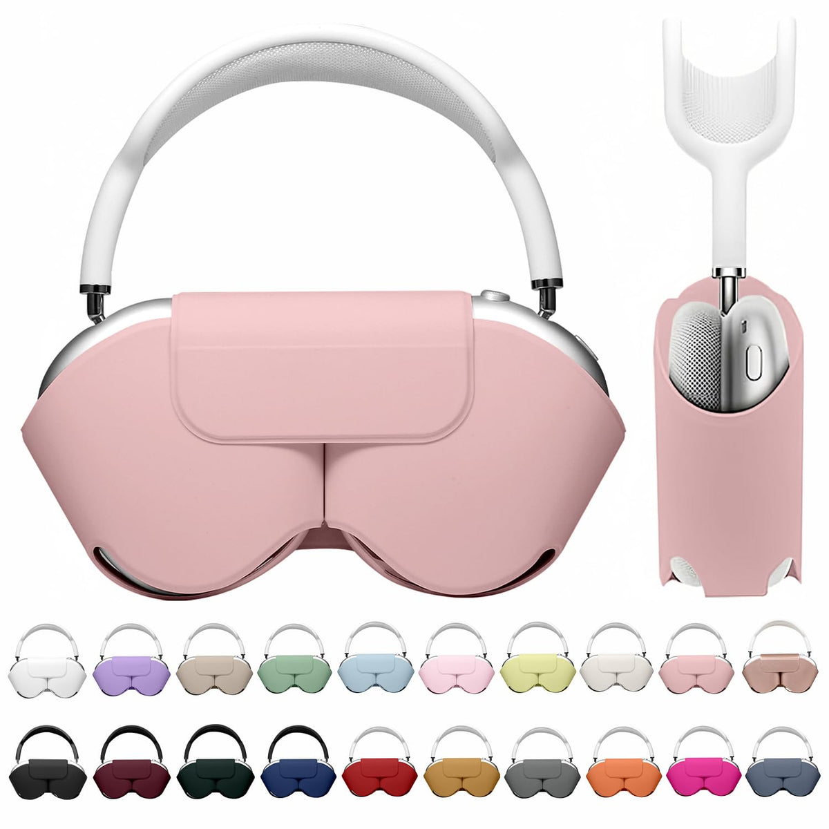 Maxjoy AirPods Max smart case front view with pink PU leather protection for daily use.