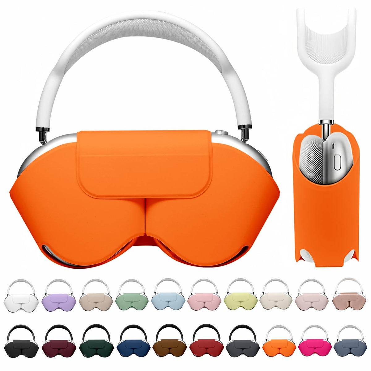 Maxjoy AirPods Max smart case in orange leather protects against bumps and scratches.