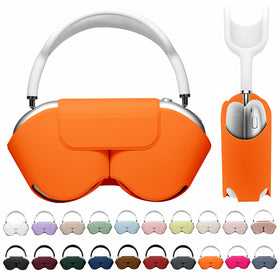 Maxjoy AirPods Max smart case in orange leather protects against bumps and scratches.