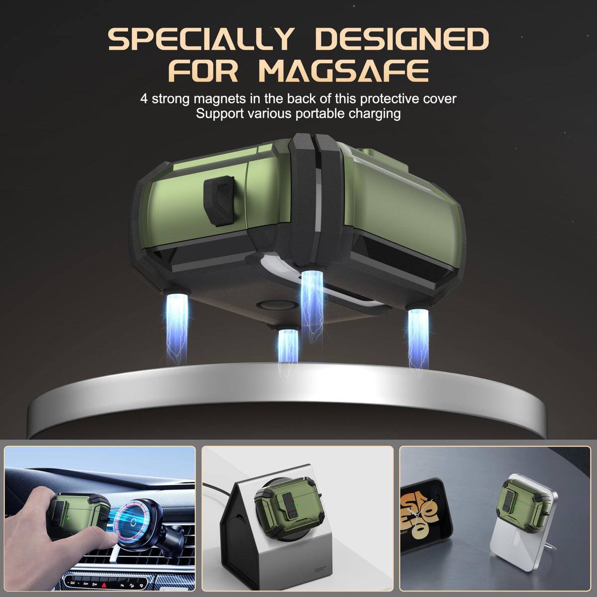 Maxjoy AirPods Pro Case 2 Army Green automatic magnetic lock in action