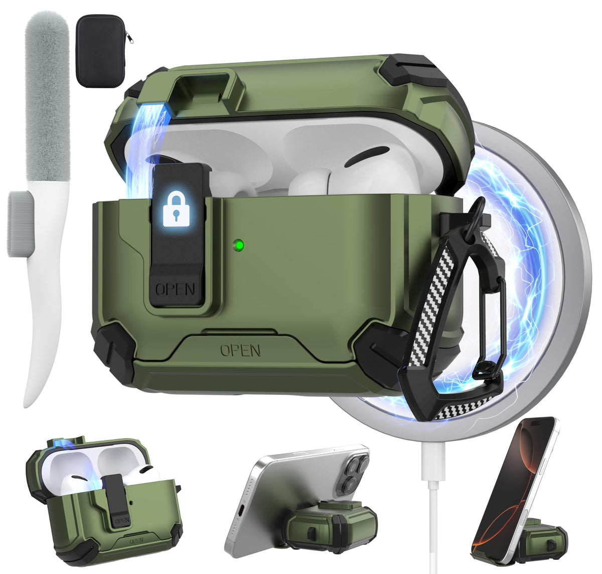 Maxjoy AirPods Pro Case 2 Army Green front view with secure auto lock