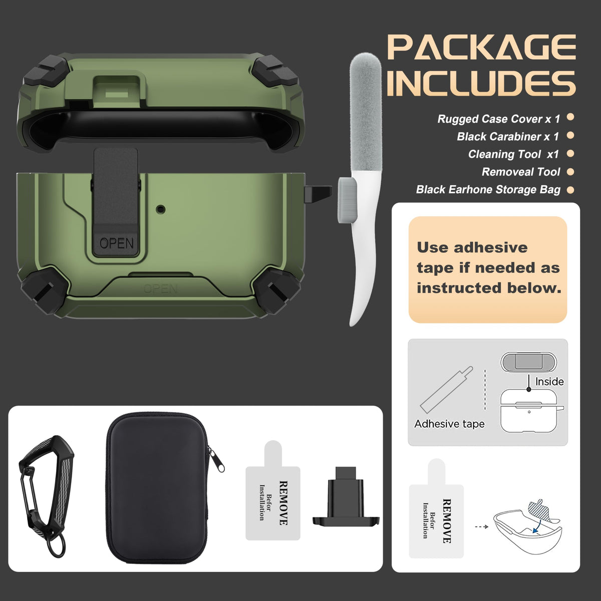 Maxjoy AirPods Pro Case 2 Army Green carabiner for convenient carrying
