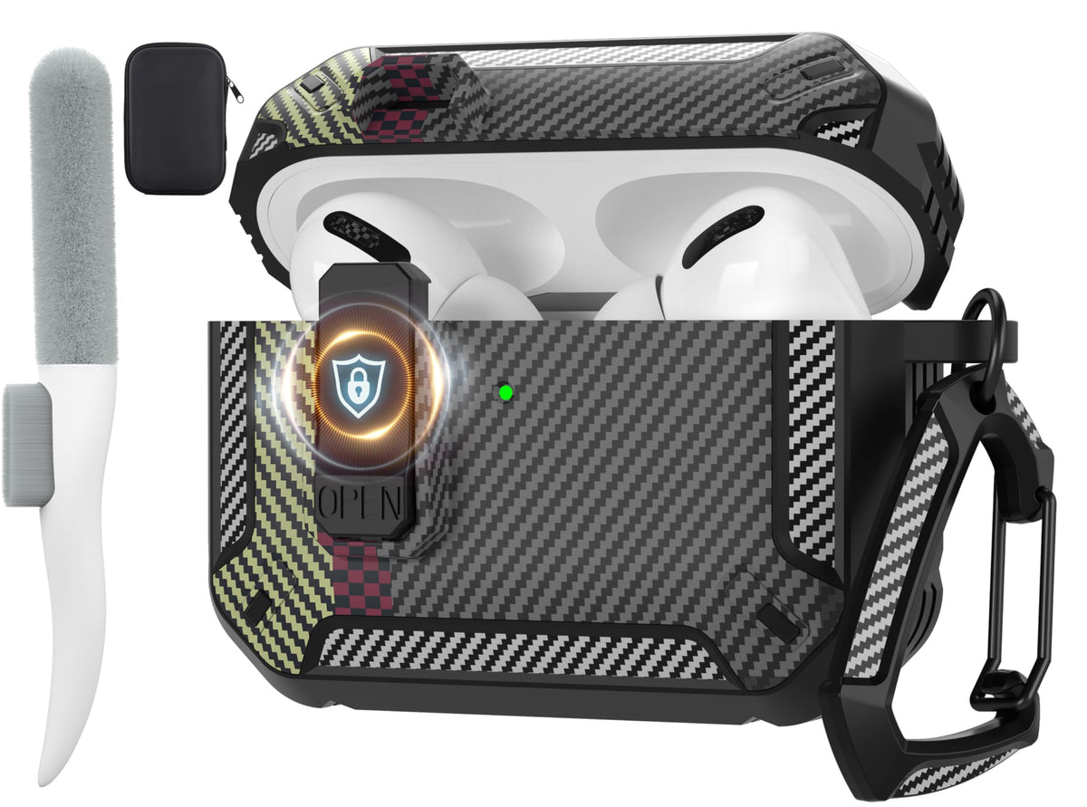 Maxjoy AirPods Pro 3 case carbon fiber gray, front view, protective and stylish.