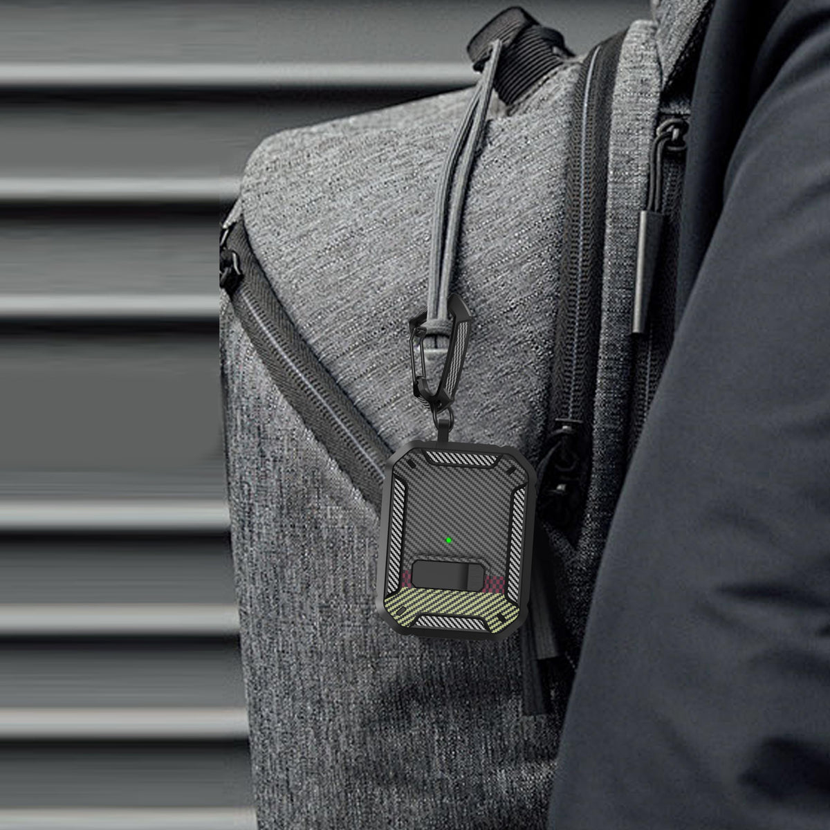 Maxjoy AirPods Pro 3 case with secure lock in carbon fiber gray, enhances protection.