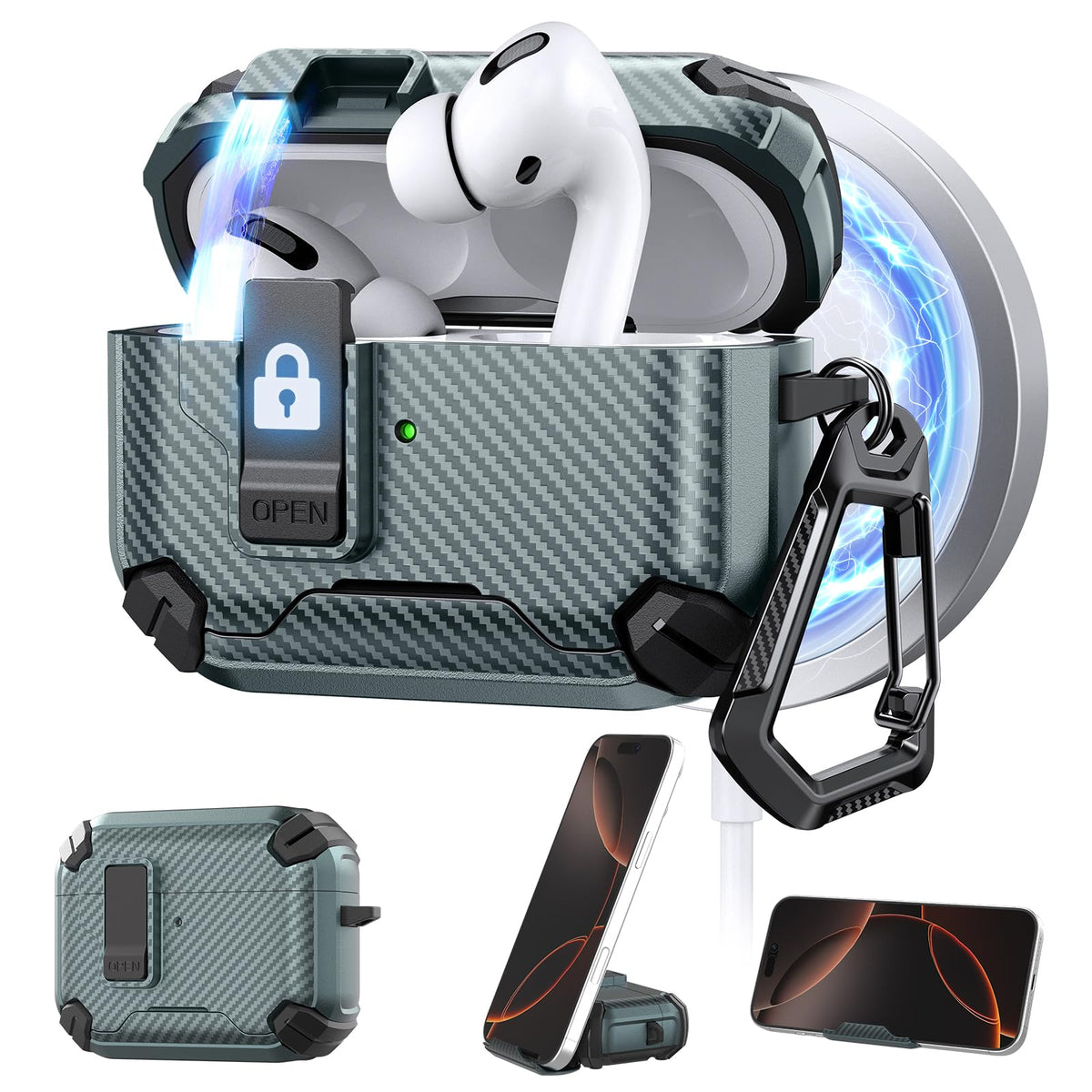 Maxjoy AirPods Pro 3 case in carbon fiber green with secure automatic lock for daily protection.