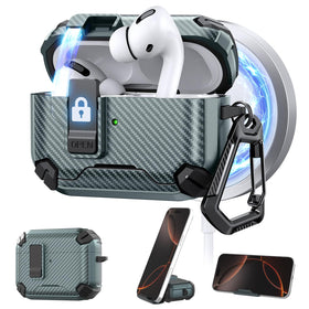 Maxjoy AirPods Pro 3 case in carbon fiber green with secure automatic lock for daily protection.