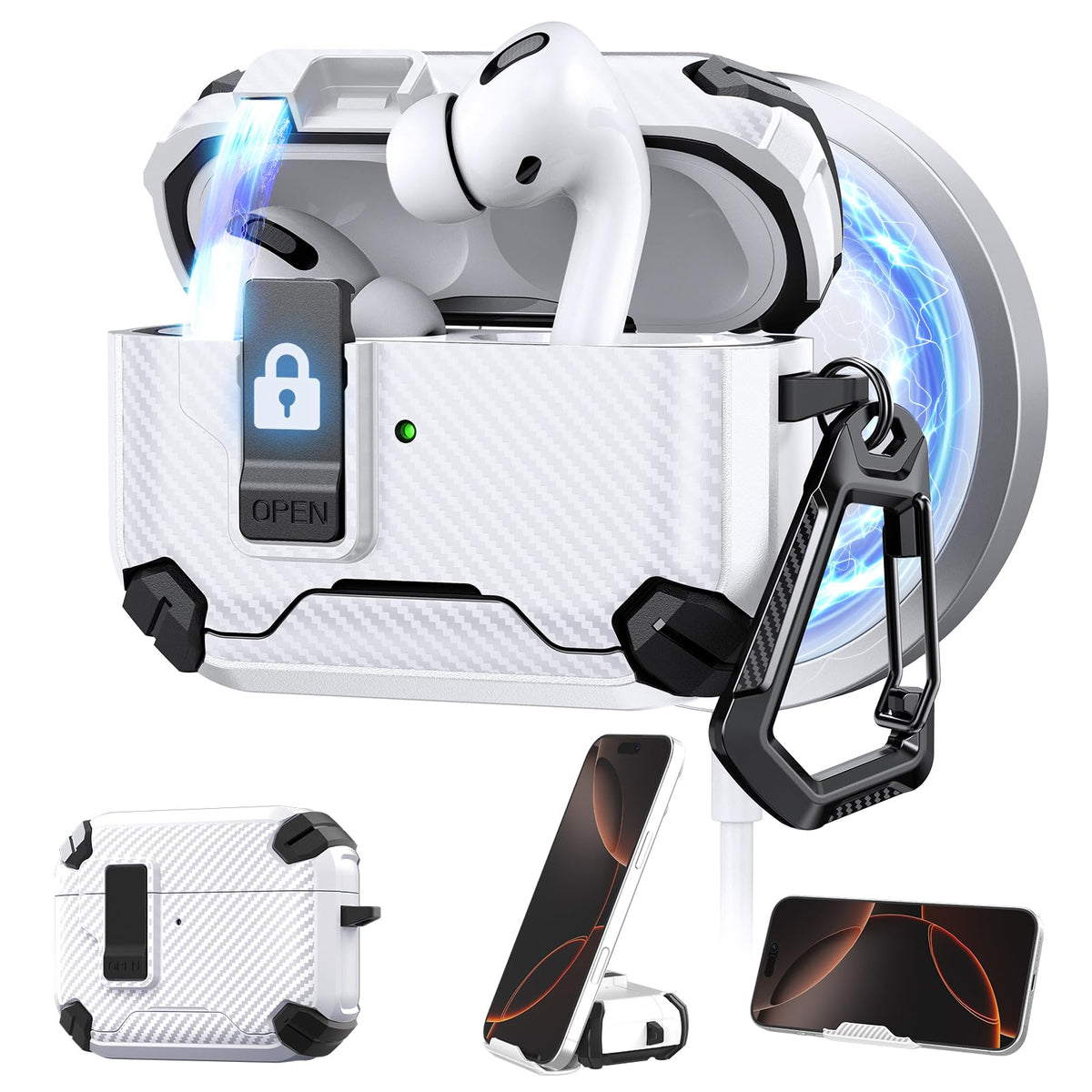 Maxjoy AirPods Pro 3 case carbon fiber white front view shows precise fit
