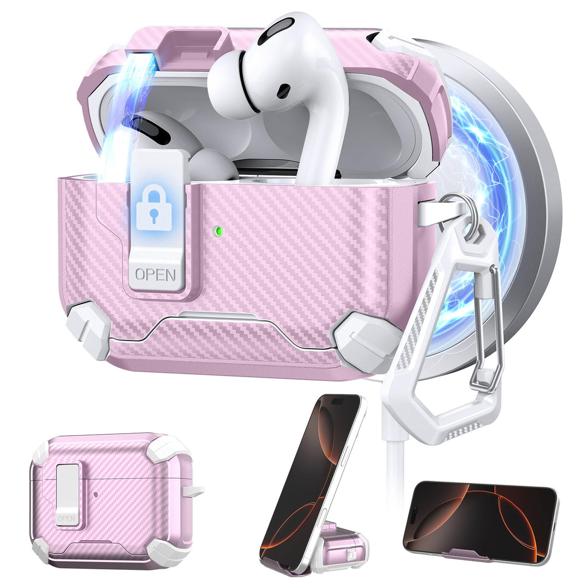 Maxjoy AirPods Pro 3 case carbon white pink front view, showing precise fit and protection