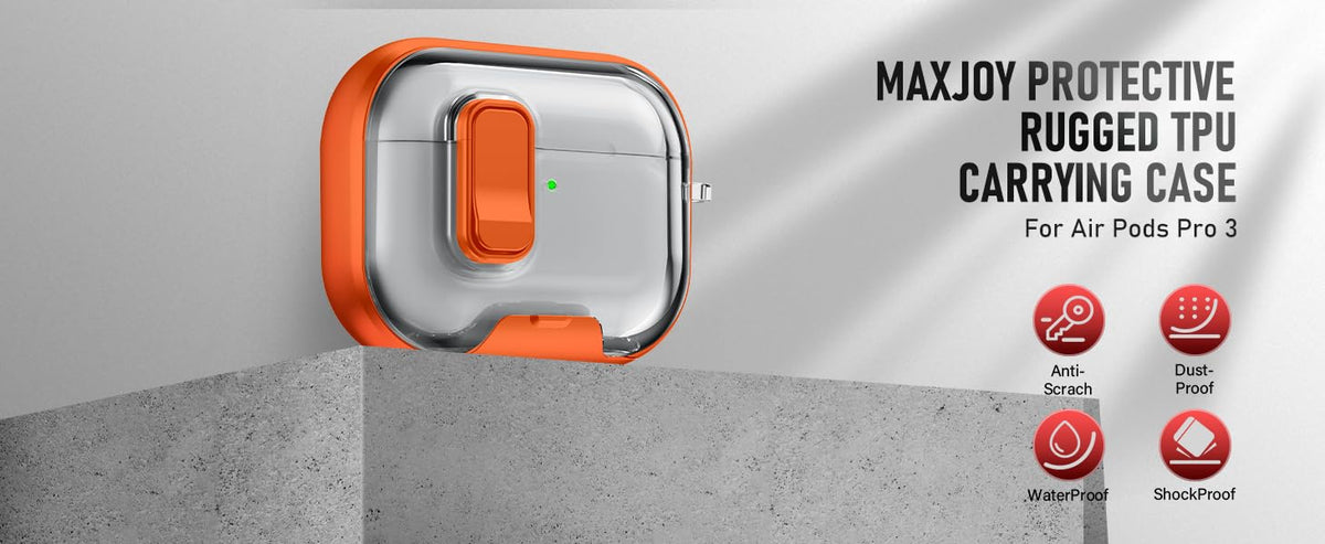 Maxjoy AirPods Pro 3 Case orange crystal-clear exterior preserves color
