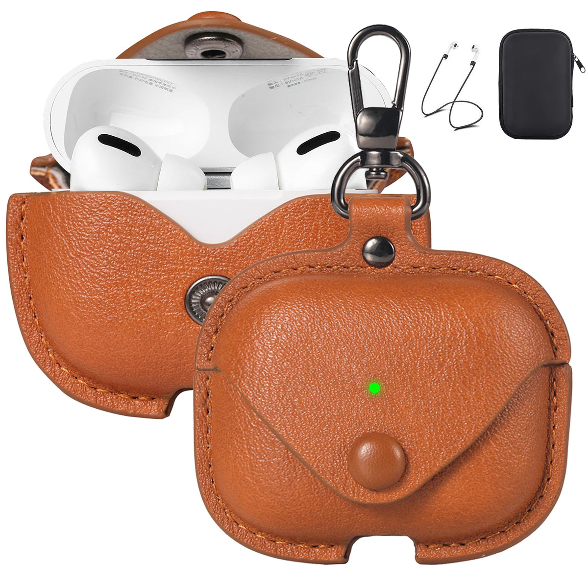 Maxjoy AirPods Pro 3 leather case with front LED visible protects charging access.