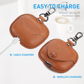 Maxjoy AirPods Pro 3 leather case with stainless steel keychain for portable convenience.