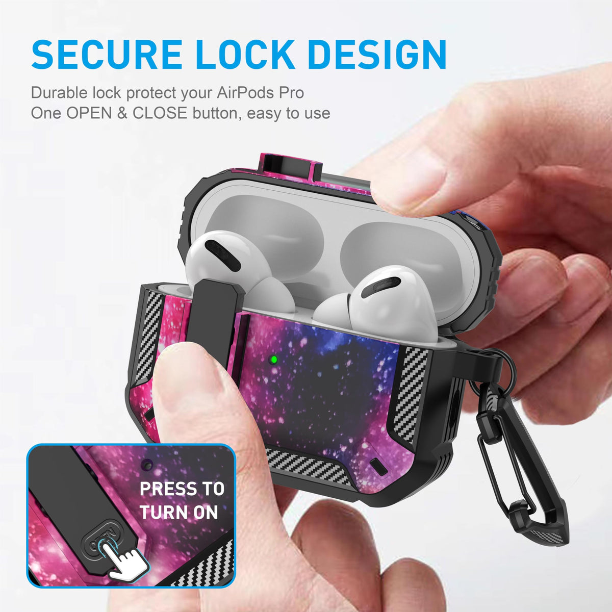 Close-up of the Maxjoy case lock on AirPods Pro case