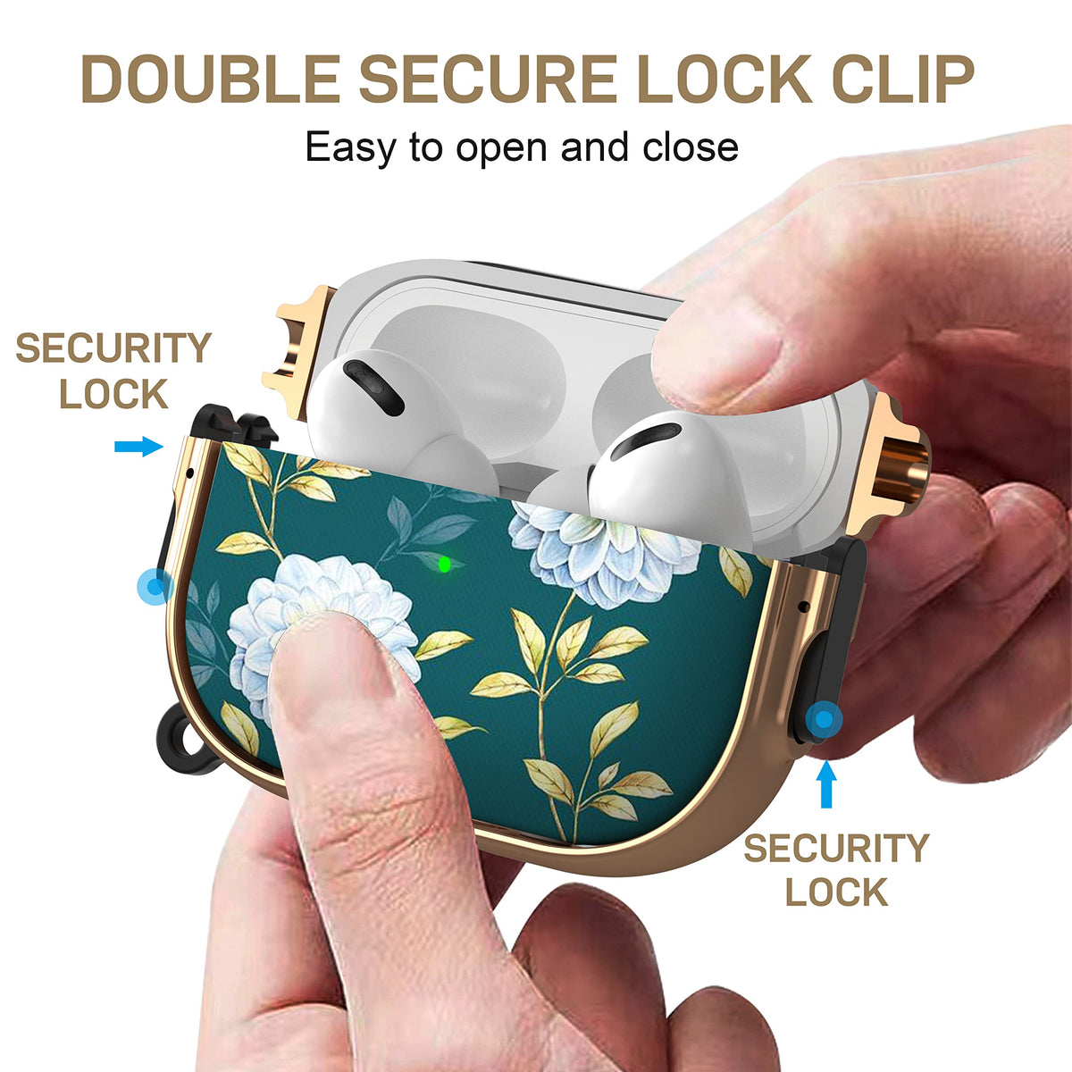 Maxjoy AirPods Pro case with lock double clip secures the lid.