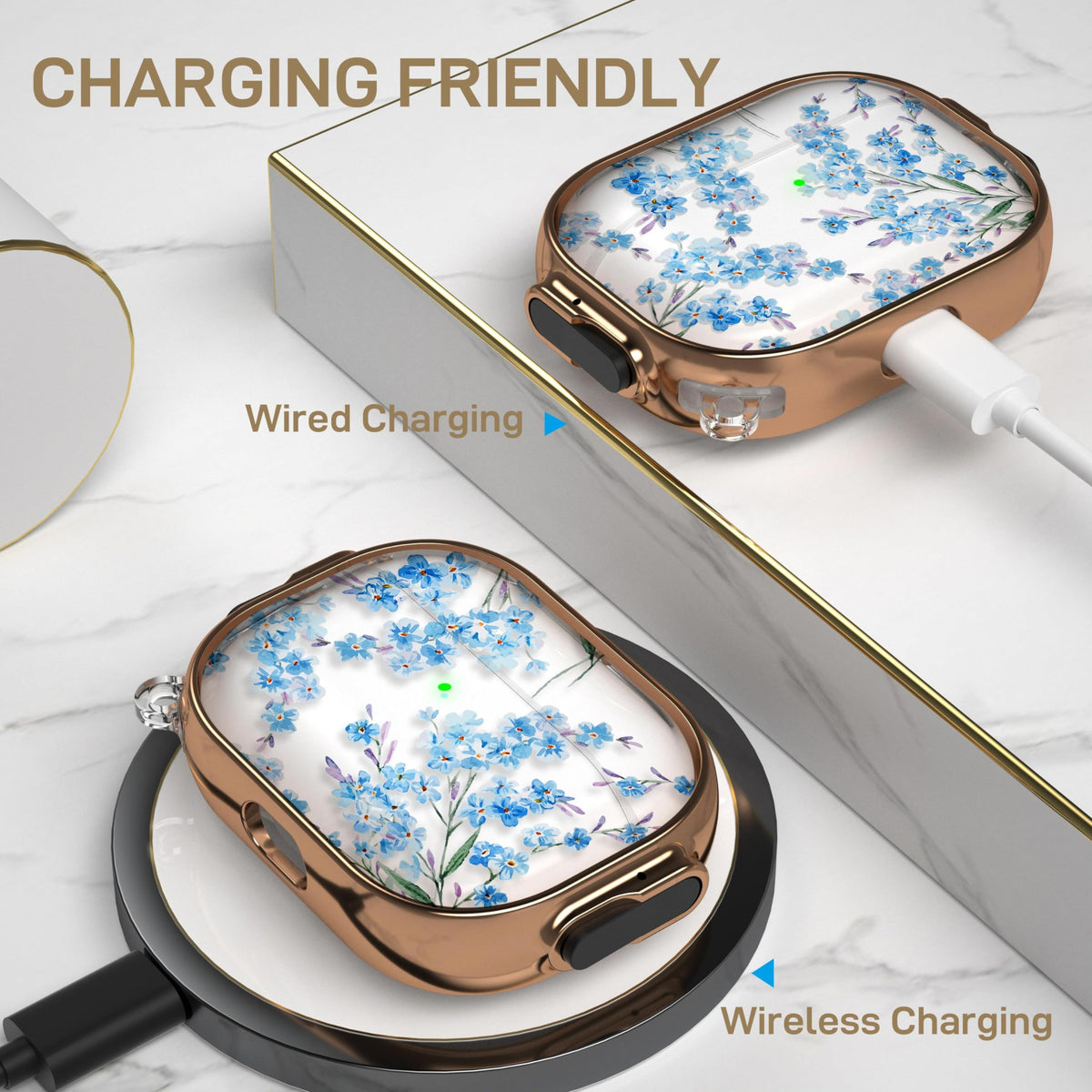 Clear shell highlights the AirPods Pro with a decorative flower motif.