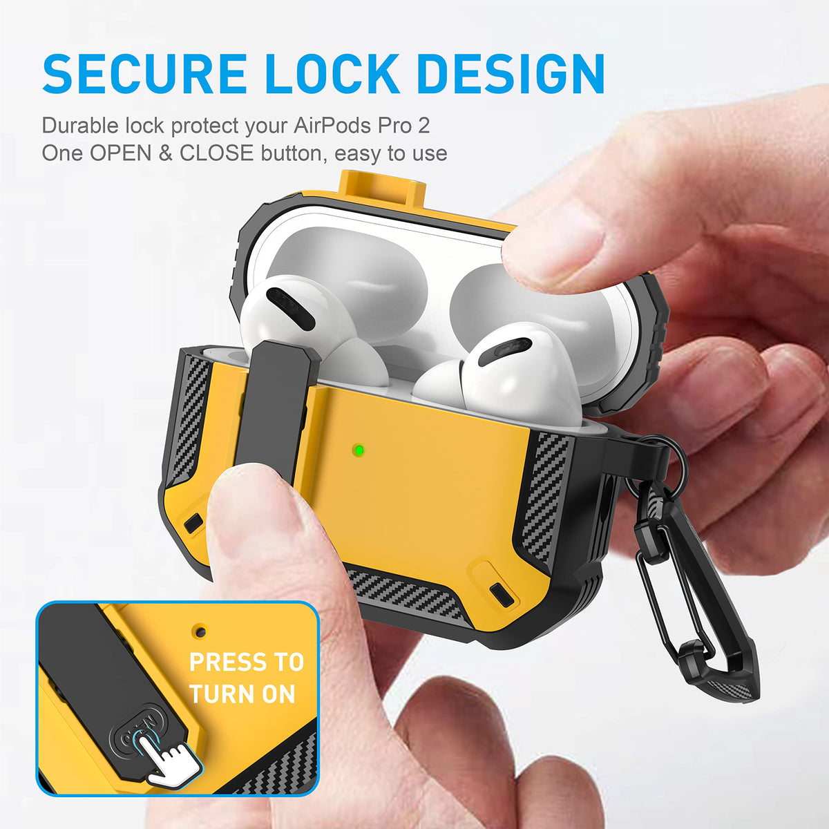 Maxjoy AirPods Pro case lock button design for secure opening.