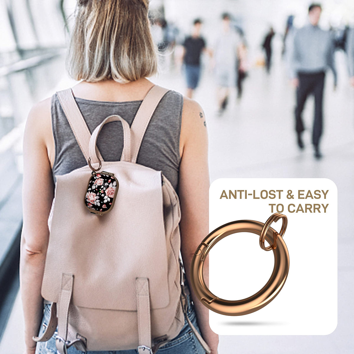 Maxjoy AirPods Pro rose back view shows port access and LED visibility.