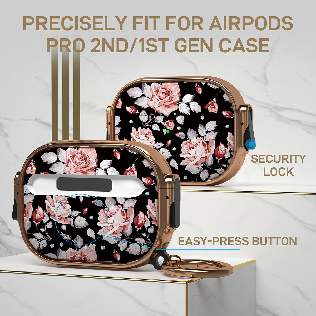 Maxjoy AirPods Pro rose carabiner keychain for hands-free attachment to bags.