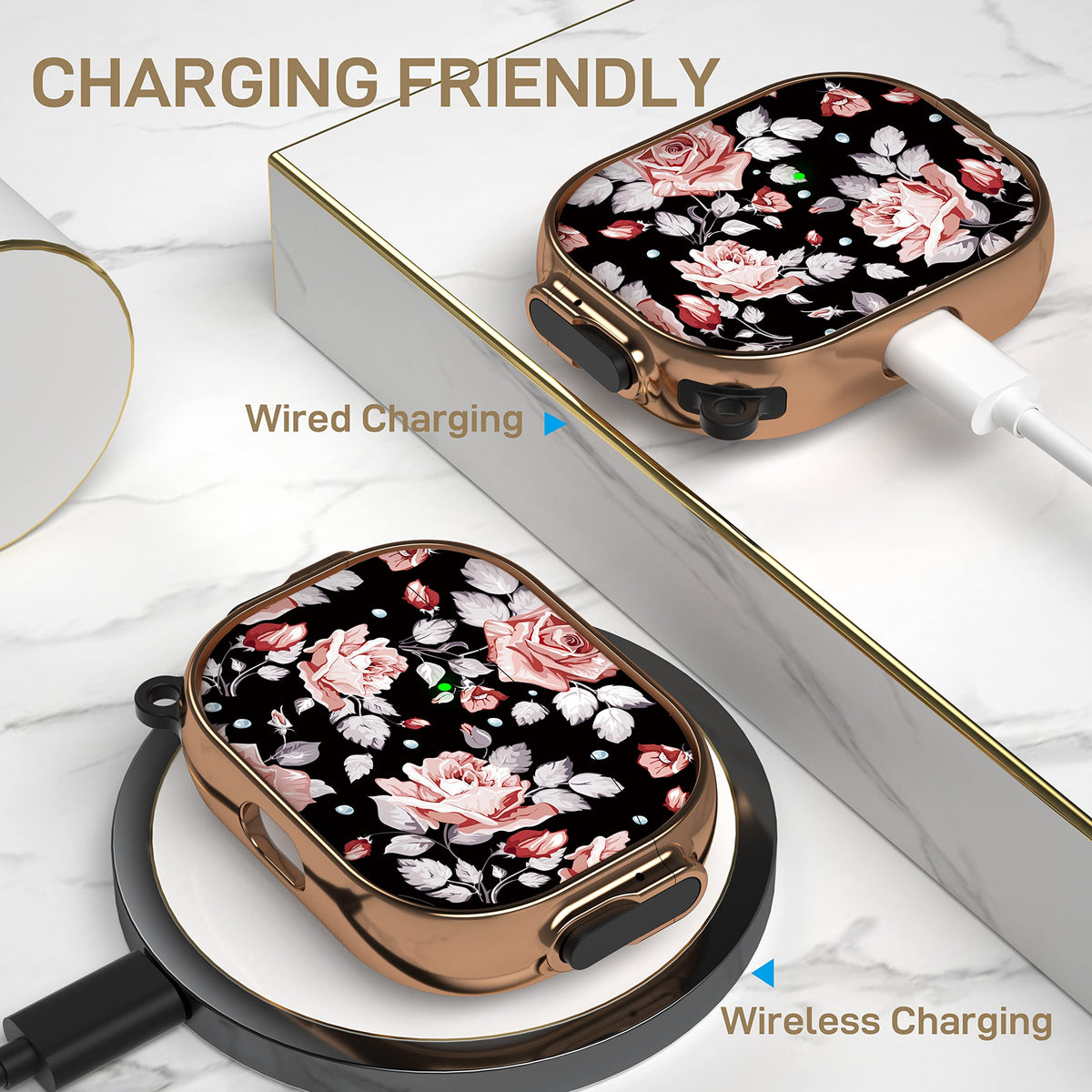 Maxjoy AirPods Pro rose wireless charging cutouts allow charging with the case on.