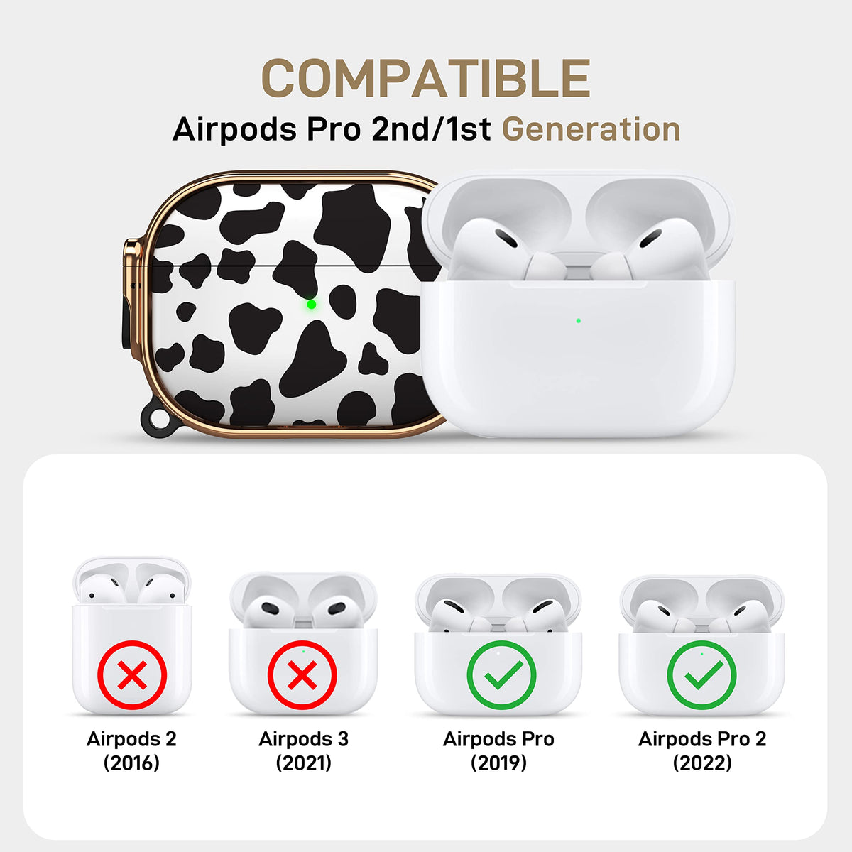 Maxjoy AirPods Pro cow-print case with lock, side view and clip